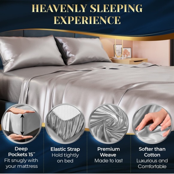 King Size 4 Pieces Grey Silky Satin Polyester Sheet Set - Picture 3 of 5